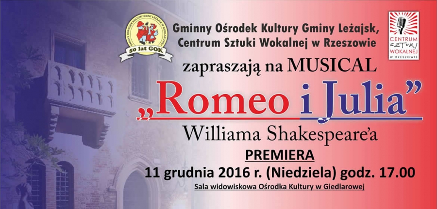 Musical „Romeo i Julia” w sali widowiskowej Ośrodka Kultury w Giedlarowej.